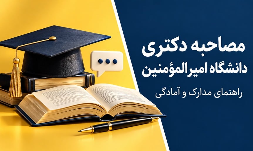 کاور نمادین مصاحبه دکتری دانشگاه امیرالمؤمنین با کلاه فارغ‌التحصیلی و کتاب